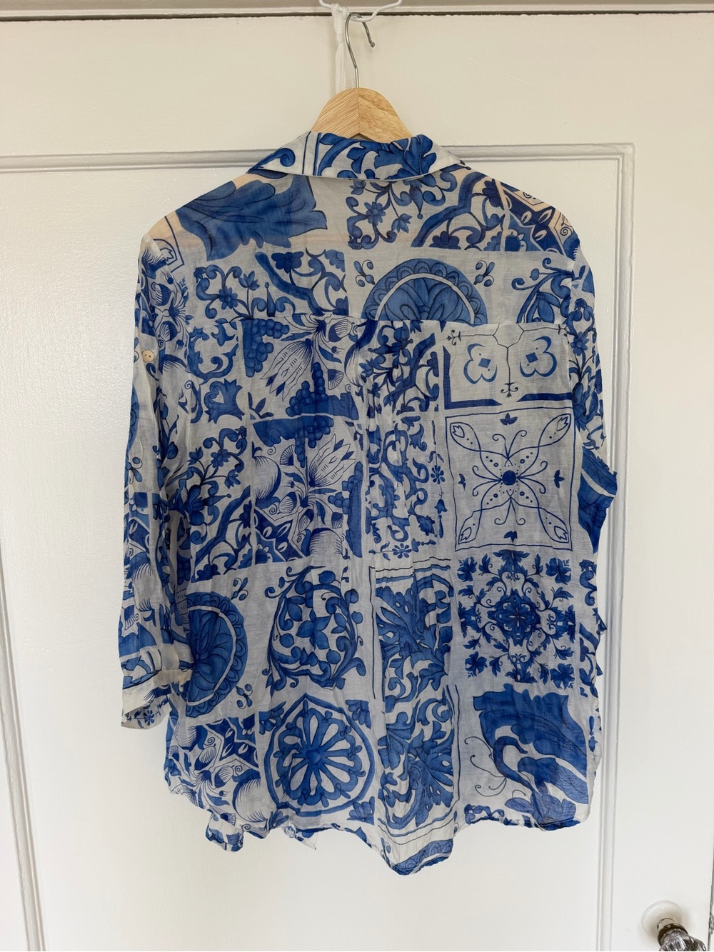 Portuguese Blue Tile Print Women's Button-Front Shirt - Picture 2 of 2